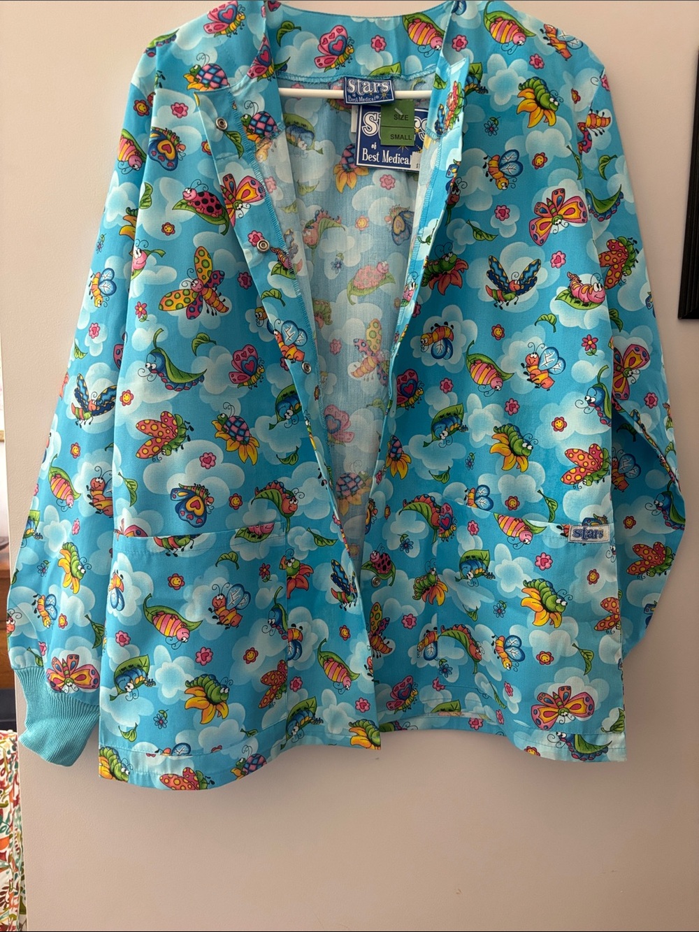 Stars Bright Blue Butterfly Print Medical Scrub Jacket